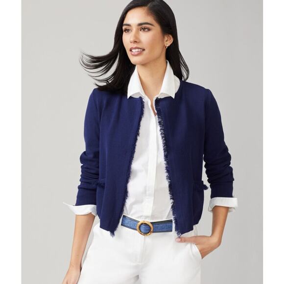 J McLaughlin Marie Cardigan Open Front Fringed Cotton Navy Blue Large - Picture 1 of 7